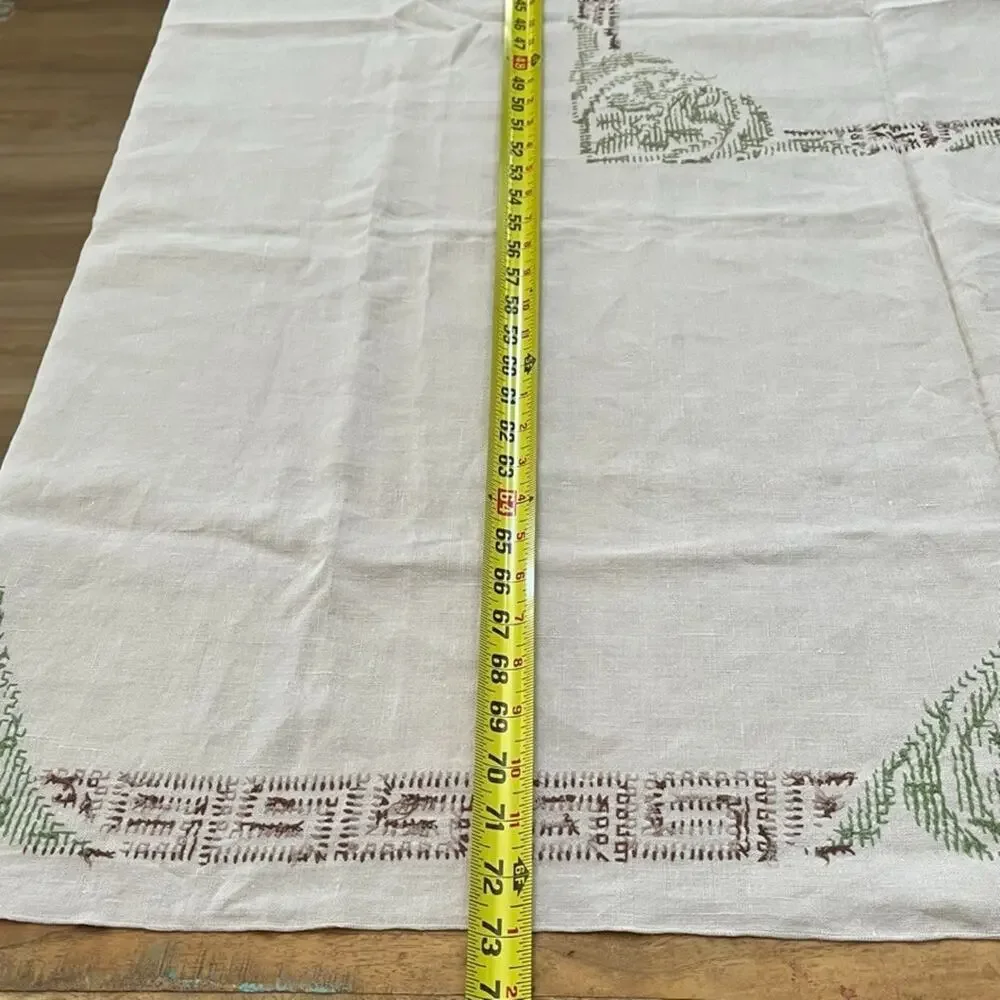 Vintage Beige Linen Tablecloth 73 x 56 Cross-stitch Embroidery Greek Key Border